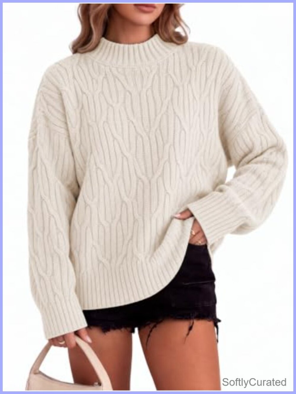 Oversized Cable Knit Mock Neck Pullover Sweater Long Sleeve